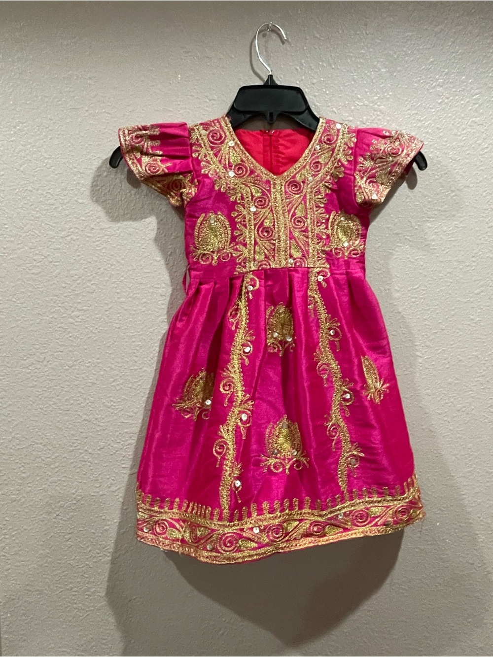 Embroidered Fuchsia Party Dress with Gold Accents girls